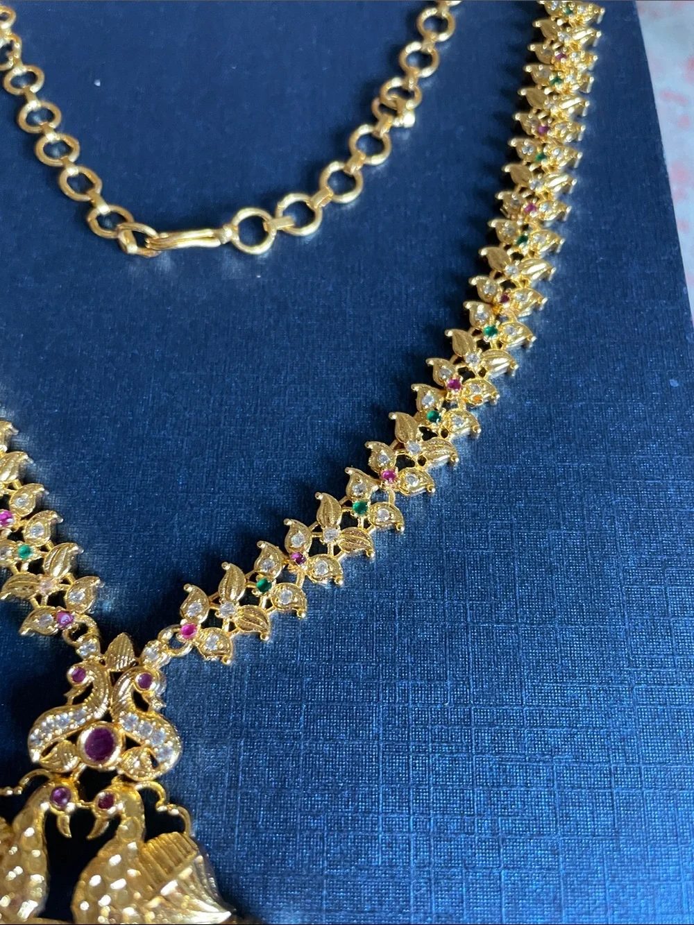 Gold-tone Women’s Statement Pendant Necklace with Ruby and Emerald Accents